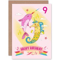 Artery8 Unicorn Seahorse Narwhal 9th Birthday Greetings Card in Pink