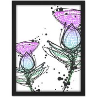 Artery8 Wall Art Print Scottish Thistle Head Flowers Ink Drip Design Scotland Large Framed Wall Décor Art in Black | Size: W18" x H24"
