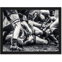 Artery8 Wall Art Print Sport Rugby Football Close Up Scrum Players Ball Game Large Framed Wall Décor Art in Black | Size: W18" x H24"