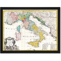 Artery8 Wall Art Print Map Antique Homann Heirs Italy Mediterranean Sea Art Large Framed Wall Décor Art in Brown | Size: W18" x H24"