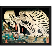Artery8 Wall Art Print Painting Fantasy Scene Mitsukini Defies Skeleton Utagawa Kuniyoshi Large Framed Wall Décor Art in Light Oak | Size: W18" x H24"