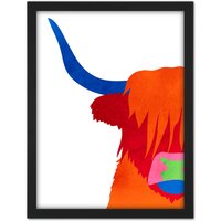 Artery8 Wall Art Print Bright Highland Scottish Cow Bull Coo Colourful Large Framed Wall Décor Art in Light Oak | Size: W18" x H24"