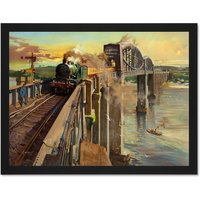 Artery8 Wall Art Print Painting Royal Albert Bridge Saltash British Railways Art Large Framed Wall Décor Art in White | Size: W18" x H24"