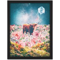 Artery8 Wall Art Print Scottish Highland Hairy Coo Trippy Psychedelic Landscape Space Large Framed Wall Dรฉcor Art in White | Size: W18" x H24"