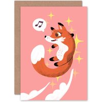 Artery8 Fox Music Note Jumping Greetings Card in Pink