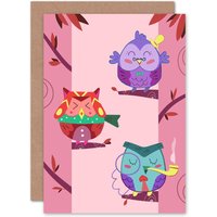Artery8 Kawaii Owls Tree Kids Children Greetings Card in Pink