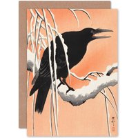 Artery8 Crow Snowy Branch Ohara Koson Greetings Card in Orange