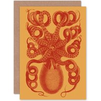 Artery8 Octopus Coral Yellow Greetings Card in Red