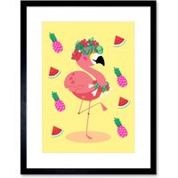 Artery8 Wall Art Print Kawaii Flamingo Party Tropical Art Framed 9x7 inch in Black | Size: W7" x H9"