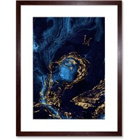 Artery8 Wall Art Print Abstract Dark Blue Gold Waves Art Framed 9x7 inch in Brown | Size: W7" x H9"