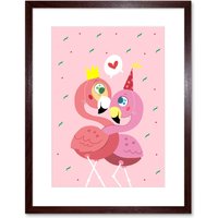 Artery8 Wall Art Print Kawaii Flamingo Love Art Framed 9x7 inch in Brown | Size: W7" x H9"