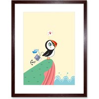 Artery8 Wall Art Print Puffins Travel Voyage Art Framed 9x7 inch in Brown | Size: W7" x H9"