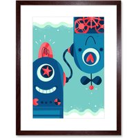 Artery8 Wall Art Print Robot Friends Art Framed 9x7 inch in Brown | Size: W7" x H9"