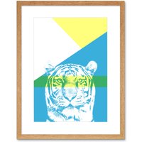 Artery8 Wall Art Print Bold Animals Blue Tiger Art Framed 9x7 inch in Beige | Size: W7" x H9"