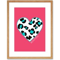 Artery8 Wall Art Print Pink Teal Leopard Beautiful Art Framed 9x7 inch in Beige | Size: W7" x H9"
