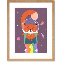Artery8 Wall Art Print Fox Astronaut Art Framed 9x7 inch in Beige | Size: W7" x H9"