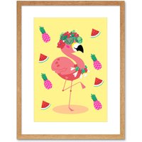 Artery8 Wall Art Print Kawaii Flamingo Party Tropical Art Framed 9x7 inch in Beige | Size: W7" x H9"