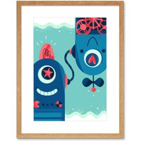 Artery8 Wall Art Print Robot Friends Art Framed 9x7 inch in Beige | Size: W7" x H9"