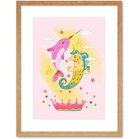 Artery8 Wall Art Print Unicorn Seahorse Narwhal Magic Art Framed 9x7 inch in Beige | Size: W7" x H9"