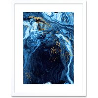 Artery8 Wall Art Print Abstract Dark Blue Gold Flow Art Framed 9x7 inch in White | Size: W7" x H9"