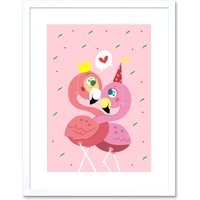 Artery8 Wall Art Print Kawaii Flamingo Love Art Framed 9x7 inch in White | Size: W7" x H9"