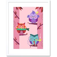Artery8 Wall Art Print Kawaii Owls Tree Art Framed 9x7 inch in White | Size: W7" x H9"