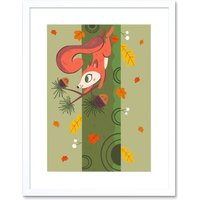 Artery8 Wall Art Print Red Squirrel Acorn Tree Art Framed 9x7 inch in White | Size: W7" x H9"