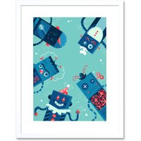 Artery8 Wall Art Print Robot Family Art Framed 9x7 inch in White | Size: W7" x H9"