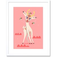 Artery8 Wall Art Print Stag Dazed with Birds Art Framed 9x7 inch in White | Size: W7" x H9"