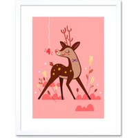 Artery8 Wall Art Print Stag in Love Art Framed 9x7 inch in White | Size: W7" x H9"