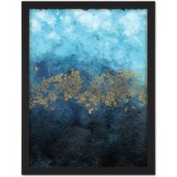 Artery8 Wall Art Print Abstract Blue & Gold Watercolour Large Large Framed Wall Décor Art in Brown | Size: W18" x H24"