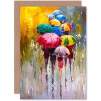 Artery8 Colourful Umbrellas In The Rain Abstract Oil Painting Card