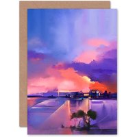 Artery8 Abstract Sunset on Lake Greetings Card in Blue