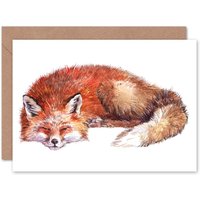 Artery8 Cute Red Fox Sleeping Bright Watercolour Painting Animal Card