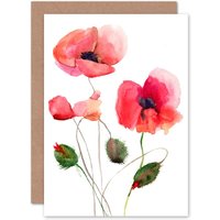 Artery8 Flower Poppies Watercolour Greetings Card in Red