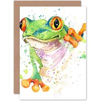 Artery8 Watercolour Frog Bright Greeting Card With Envelope Inside Premium Quality in Green