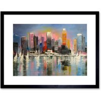 Artery8 Wall Art Print City Harbour Urban Painting Art Framed 9x7 inch in Black | Size: W7" x H9"