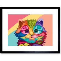 Artery8 Wall Art Print Cat Cute Colourful Art Framed 9x7 inch in Black | Size: W7" x H9"