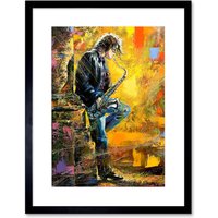 Artery8 Wall Art Print Musician Jazz Saxophone Art Framed 9x7 inch in Black | Size: W7" x H9"