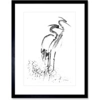 Artery8 Wall Art Print Heron Ink Drawing Art Framed 9x7 inch in Black | Size: W7" x H9"