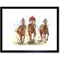 Artery8 Wall Art Print Racing Horses Watercolour Art Framed 9x7 inch in Black | Size: W7" x H9"