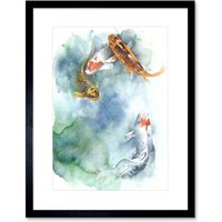 Artery8 Wall Art Print Japan Koi Fish Pond Art Framed 9x7 inch in Black | Size: W7" x H9"
