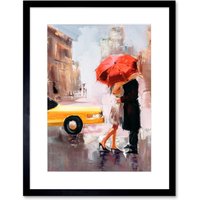 Artery8 Wall Art Print People Kissing Umbrella City Art Framed 9x7 inch in Black | Size: W7" x H9"
