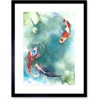 Artery8 Wall Art Print Japan Koi Fish with Lilies Art Framed 9x7 inch in Black | Size: W7" x H9"