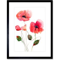 Artery8 Wall Art Print Flower Poppies Watercolour Art Framed 9x7 inch in Black | Size: W7" x H9"