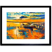 Artery8 Wall Art Print Boat by The Dock at Sunset Art Framed 9x7 inch in Black | Size: W7" x H9"