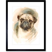 Artery8 Wall Art Print Dog Pug Watercolour Art Framed 9x7 inch in Black | Size: W7" x H9"
