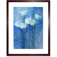 Artery8 Wall Art Print Flower White Tulips On Blue Art Framed 9x7 inch in Brown | Size: W7" x H9"