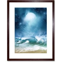 Artery8 Wall Art Print Beach & Moon Digital Collage Art Framed 9x7 inch in Brown | Size: W7" x H9"