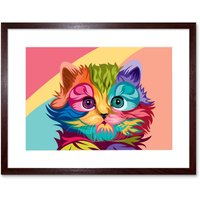 Artery8 Wall Art Print Cat Cute Colourful Art Framed 9x7 inch in Brown | Size: W7" x H9"